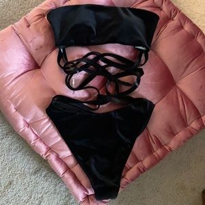 Black velvet one piece bikini